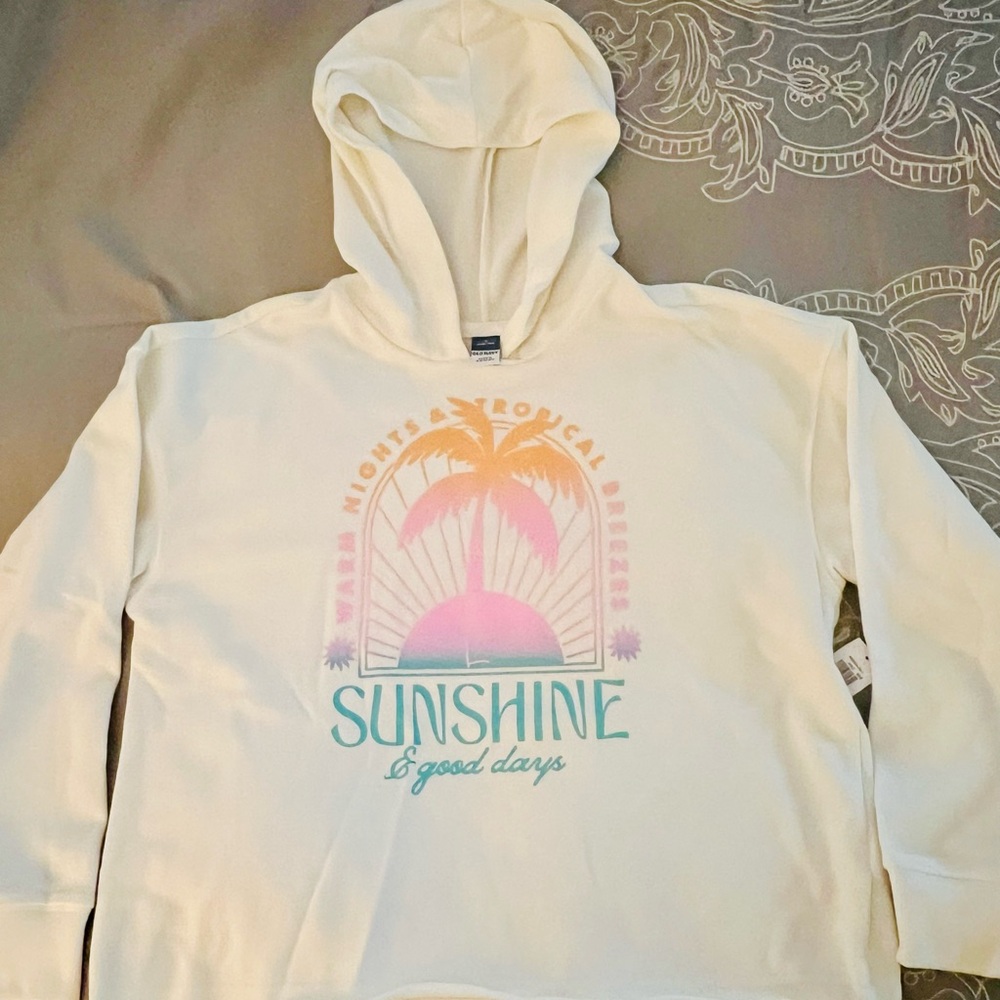 Old Navy Kids White Cream Hoodie with Tropical Print NWT Size 10-12